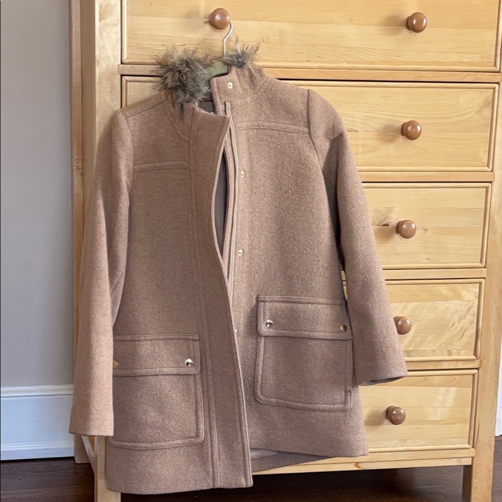 J. Crew Camel Wool-Blend Coat with Faux-Fur Trim